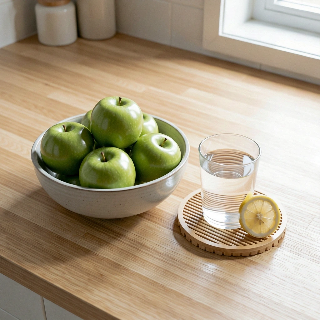 Fresh water and fruit on a wooden counter